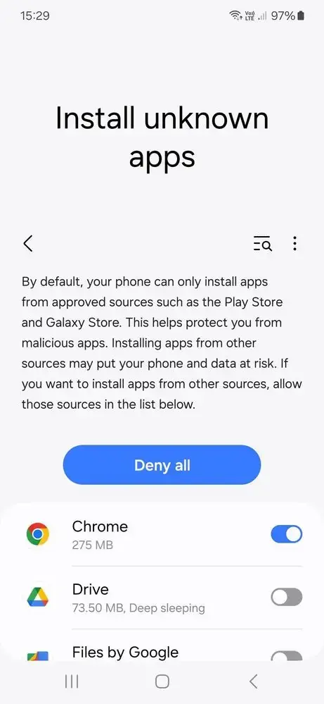Skrin Install unknown apps di Android untuk membenarkan pemasangan
