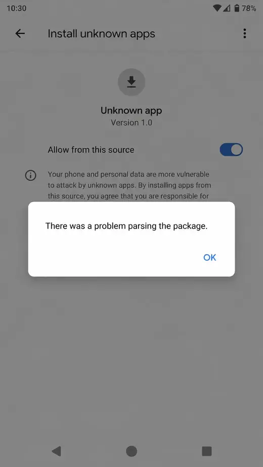 Mesej ralat There was a problem parsing the package di Android