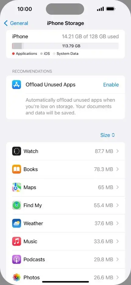 Skrin iPhone Storage menunjukkan ruang yang digunakan