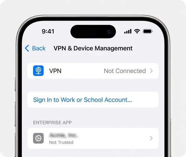 Skrin VPN dan Device Management di iPhone dengan senarai Enterprise App
