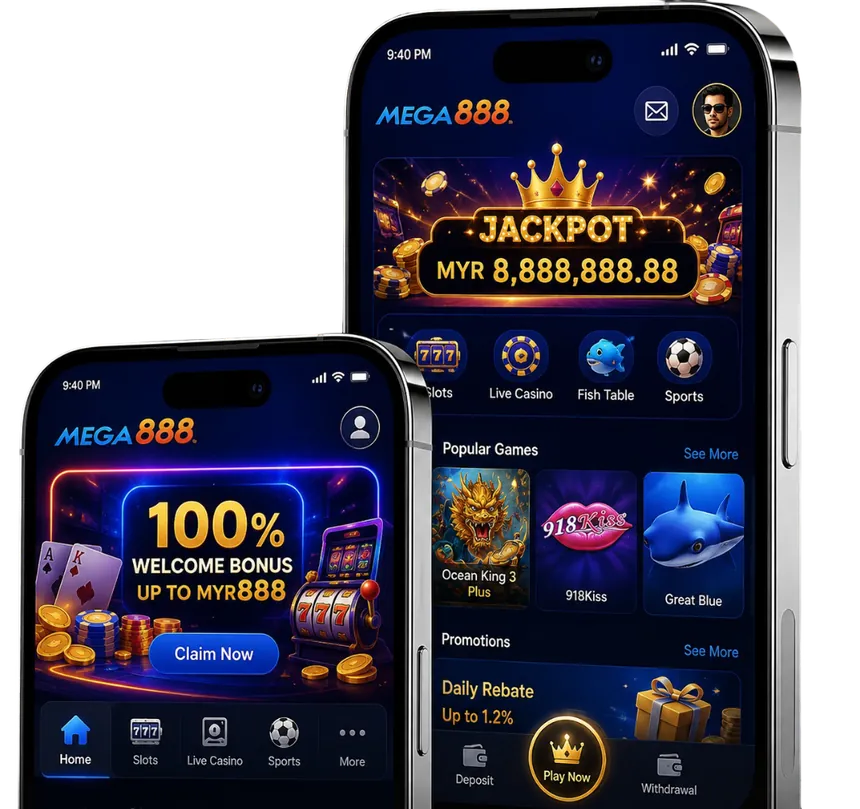 Dua telefon menunjukkan aplikasi Mega888 dengan jackpot, bonus dan senarai game popular