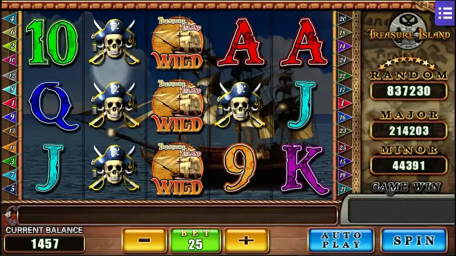 Slot Treasure Island di Mega888 dengan simbol lanun dan wild